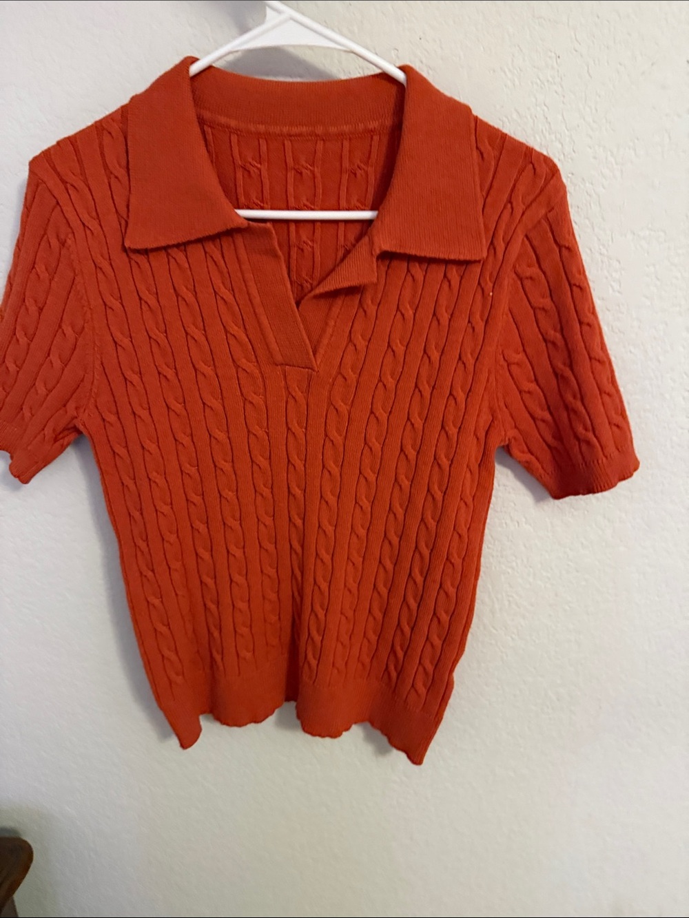 Rust Orange Cable Knit Short Sleeve Polo Sweater